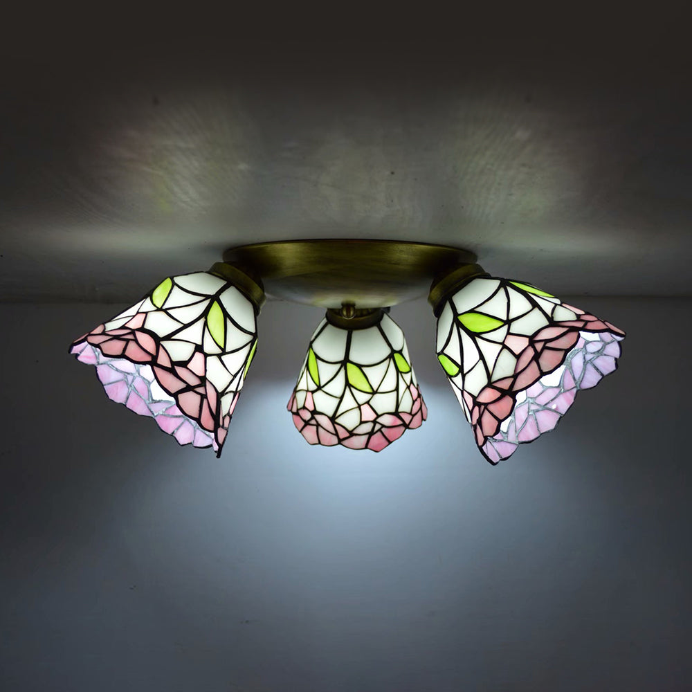 3 Heads Conic Ceiling Light Fixture Tiffany Stained Glass Flushmount Ceiling Light in Pink/Blue/Beige for Bedroom Pink Clearhalo 'Ceiling Lights' 'Close To Ceiling Lights' 'Close to ceiling' 'Glass shade' 'Glass' 'Semi-flushmount' 'Tiffany close to ceiling' 'Tiffany' Lighting' 26010