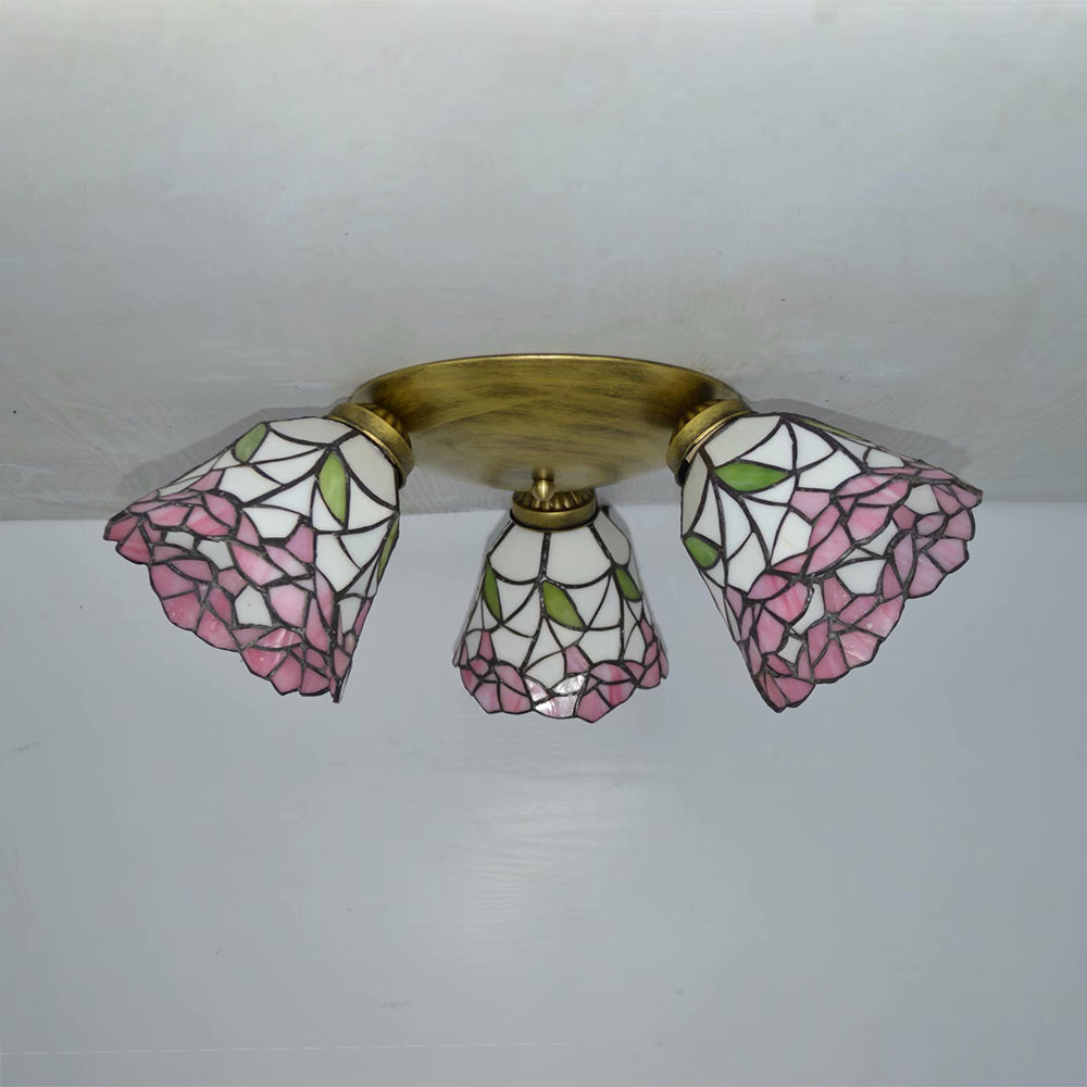 3 Heads Conic Ceiling Light Fixture Tiffany Stained Glass Flushmount Ceiling Light in Pink/Blue/Beige for Bedroom Clearhalo 'Ceiling Lights' 'Close To Ceiling Lights' 'Close to ceiling' 'Glass shade' 'Glass' 'Semi-flushmount' 'Tiffany close to ceiling' 'Tiffany' Lighting' 26011