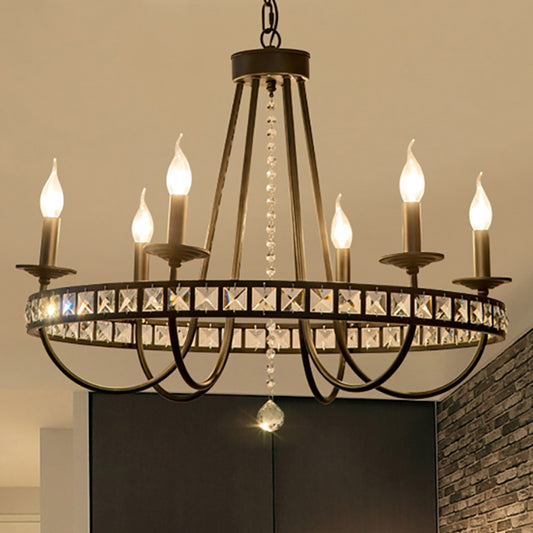 Industrial Candle Chandelier Lighting Fixture Metal 6/8 Lights Pendant Lamp with Clear Crystal Deco in Black 6 Black Clearhalo 'Ceiling Lights' 'Chandeliers' 'Industrial Chandeliers' 'Industrial' 'Middle Century Chandeliers' 'Tiffany' Lighting' 260200