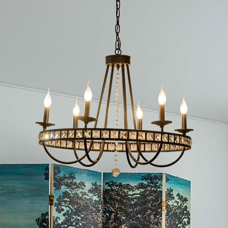 Industrial Candle Chandelier Lighting Fixture Metal 6/8 Lights Pendant Lamp with Clear Crystal Deco in Black Clearhalo 'Ceiling Lights' 'Chandeliers' 'Industrial Chandeliers' 'Industrial' 'Middle Century Chandeliers' 'Tiffany' Lighting' 260201