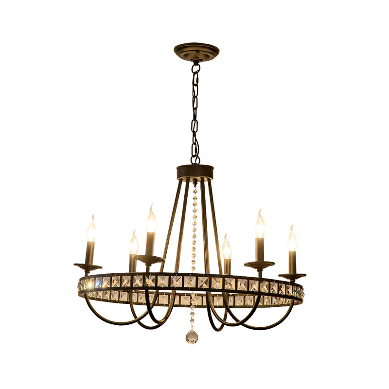 Industrial Candle Chandelier Lighting Fixture Metal 6/8 Lights Pendant Lamp with Clear Crystal Deco in Black Clearhalo 'Ceiling Lights' 'Chandeliers' 'Industrial Chandeliers' 'Industrial' 'Middle Century Chandeliers' 'Tiffany' Lighting' 260202