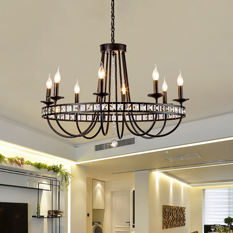 Industrial Candle Chandelier Lighting Fixture Metal 6/8 Lights Pendant Lamp with Clear Crystal Deco in Black 8 Black Clearhalo 'Ceiling Lights' 'Chandeliers' 'Industrial Chandeliers' 'Industrial' 'Middle Century Chandeliers' 'Tiffany' Lighting' 260204