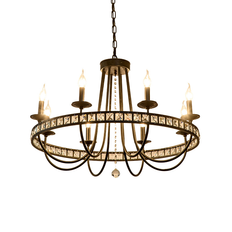 Industrial Candle Chandelier Lighting Fixture Metal 6/8 Lights Pendant Lamp with Clear Crystal Deco in Black Clearhalo 'Ceiling Lights' 'Chandeliers' 'Industrial Chandeliers' 'Industrial' 'Middle Century Chandeliers' 'Tiffany' Lighting' 260205