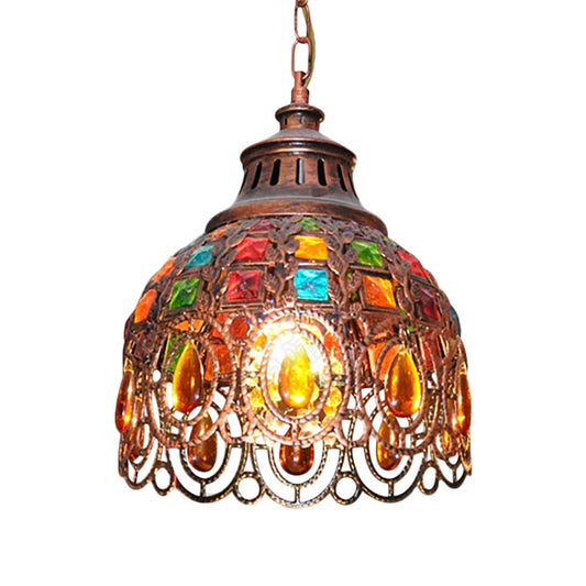 Iron Domed Suspension Lamp Bohemia Style 1 Light Ceiling Pendant Light with Crystal Accent in Weathered Copper Clearhalo 'Ceiling Lights' 'Pendant Lights' 'Pendants' Lighting' 260282
