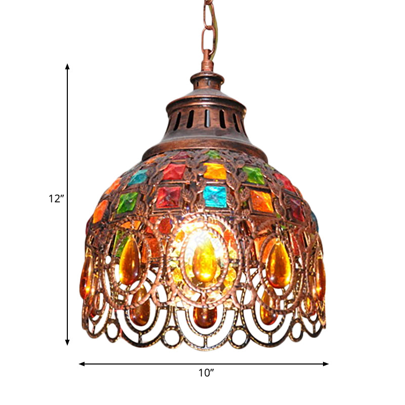 Iron Domed Suspension Lamp Bohemia Style 1 Light Ceiling Pendant Light with Crystal Accent in Weathered Copper Clearhalo 'Ceiling Lights' 'Pendant Lights' 'Pendants' Lighting' 260283
