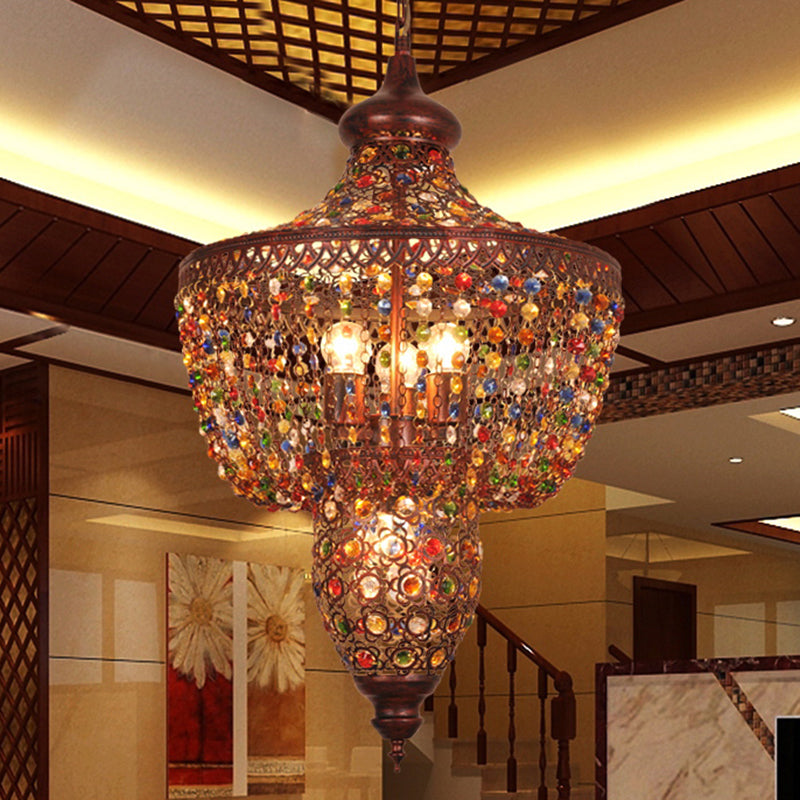 4 Lights Crystal Gem Pendant Light with Metal Shade Bohemia Hanging Ceiling Light in Weathered Copper Clearhalo 'Ceiling Lights' 'Chandeliers' Lighting' options 260291