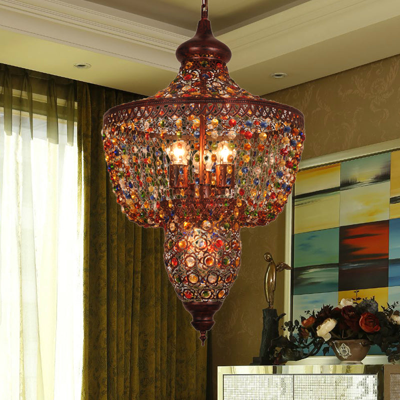 4 Lights Crystal Gem Pendant Light with Metal Shade Bohemia Hanging Ceiling Light in Weathered Copper Clearhalo 'Ceiling Lights' 'Chandeliers' Lighting' options 260292
