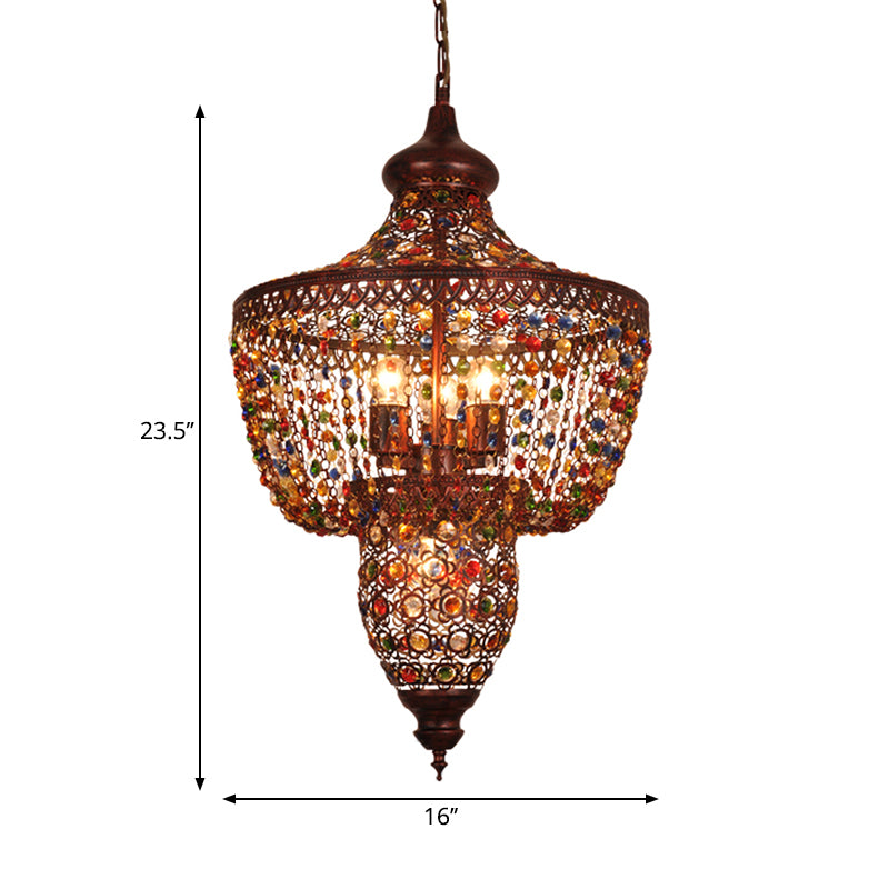 4 Lights Crystal Gem Pendant Light with Metal Shade Bohemia Hanging Ceiling Light in Weathered Copper Clearhalo 'Ceiling Lights' 'Chandeliers' Lighting' options 260294