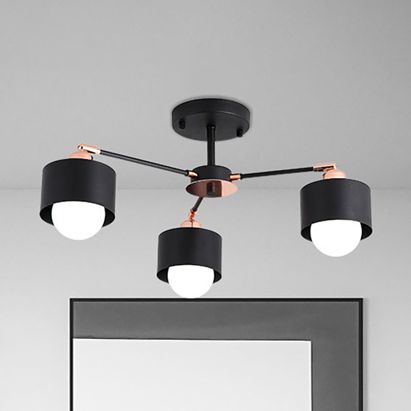 3/6/8 Lights Cylinder Semi Flush Lamp Nordic Style Metal Black/White Semi Flush Ceiling Light 3 Black Clearhalo 'Ceiling Lights' 'Close To Ceiling Lights' 'Close to ceiling' 'Semi-flushmount' Lighting' 260390
