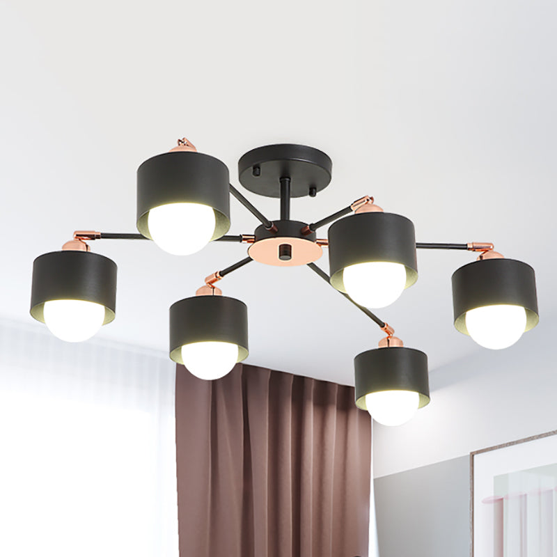 3/6/8 Lights Cylinder Semi Flush Lamp Nordic Style Metal Black/White Semi Flush Ceiling Light 6 Black Clearhalo 'Ceiling Lights' 'Close To Ceiling Lights' 'Close to ceiling' 'Semi-flushmount' Lighting' 260394