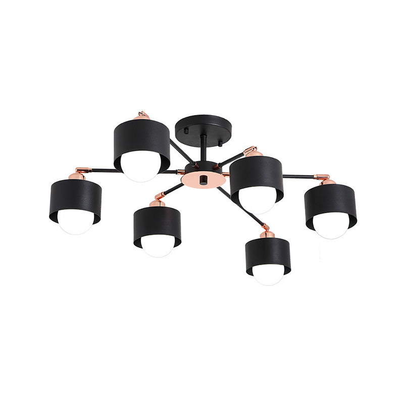 3/6/8 Lights Cylinder Semi Flush Lamp Nordic Style Metal Black/White Semi Flush Ceiling Light Clearhalo 'Ceiling Lights' 'Close To Ceiling Lights' 'Close to ceiling' 'Semi-flushmount' Lighting' 260395