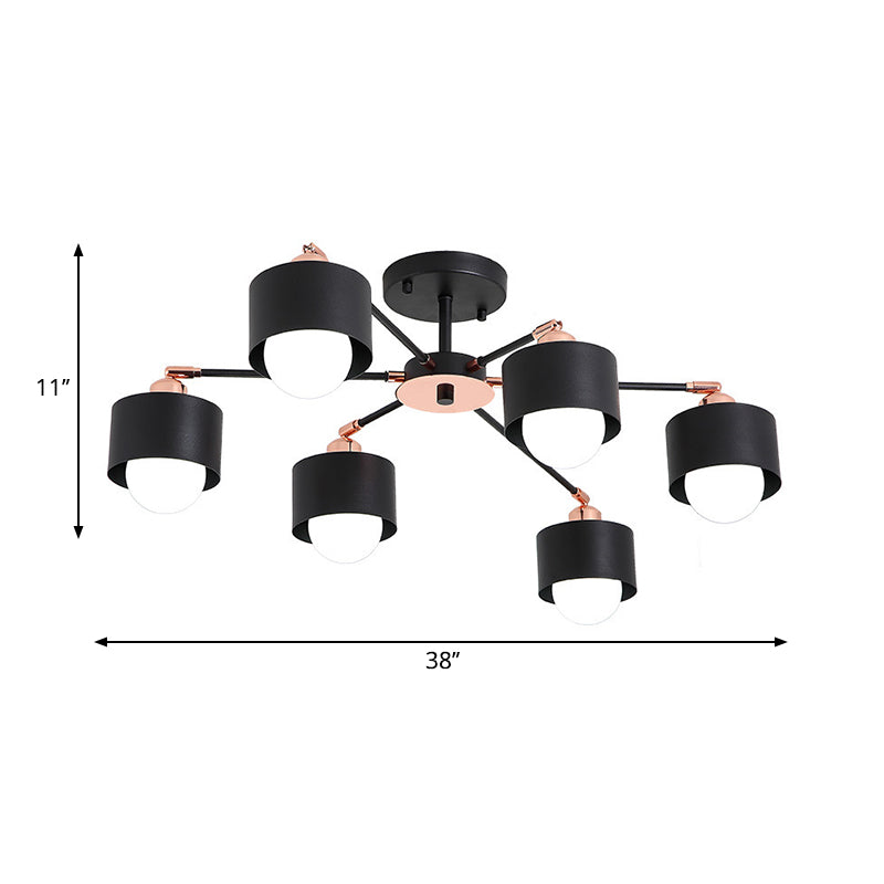 3/6/8 Lights Cylinder Semi Flush Lamp Nordic Style Metal Black/White Semi Flush Ceiling Light Clearhalo 'Ceiling Lights' 'Close To Ceiling Lights' 'Close to ceiling' 'Semi-flushmount' Lighting' 260396
