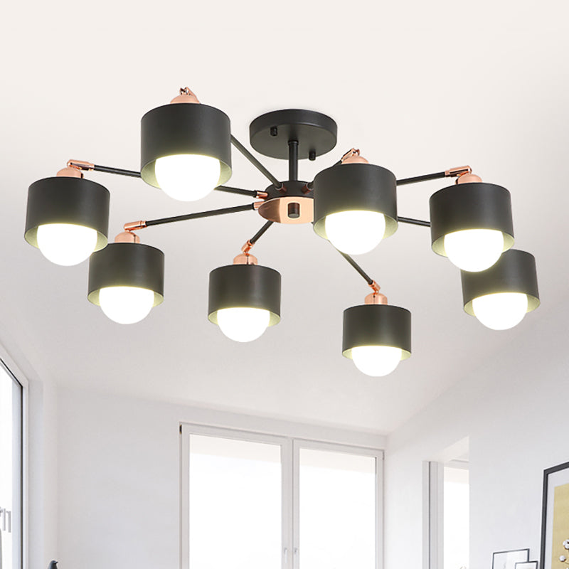 3/6/8 Lights Cylinder Semi Flush Lamp Nordic Style Metal Black/White Semi Flush Ceiling Light 8 Black Clearhalo 'Ceiling Lights' 'Close To Ceiling Lights' 'Close to ceiling' 'Semi-flushmount' Lighting' 260397