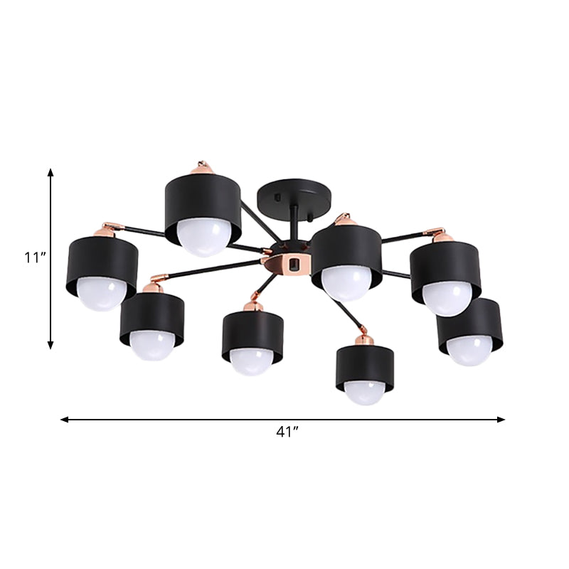 3/6/8 Lights Cylinder Semi Flush Lamp Nordic Style Metal Black/White Semi Flush Ceiling Light Clearhalo 'Ceiling Lights' 'Close To Ceiling Lights' 'Close to ceiling' 'Semi-flushmount' Lighting' 260399