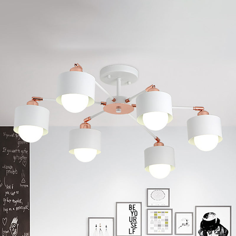 3/6/8 Lights Cylinder Semi Flush Lamp Nordic Style Metal Black/White Semi Flush Ceiling Light 6 White Clearhalo 'Ceiling Lights' 'Close To Ceiling Lights' 'Close to ceiling' 'Semi-flushmount' Lighting' 260403