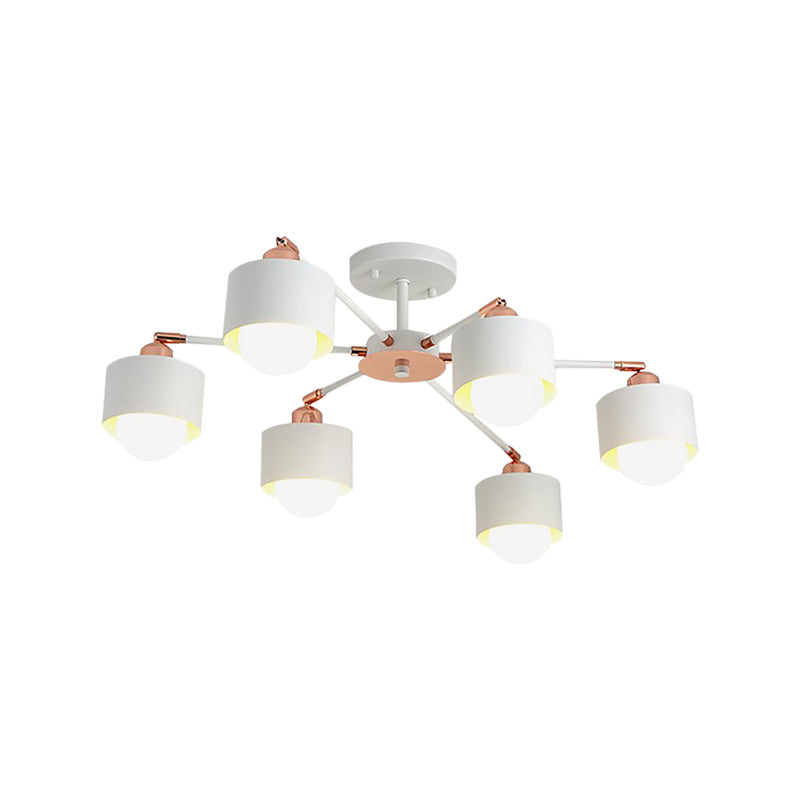 3/6/8 Lights Cylinder Semi Flush Lamp Nordic Style Metal Black/White Semi Flush Ceiling Light Clearhalo 'Ceiling Lights' 'Close To Ceiling Lights' 'Close to ceiling' 'Semi-flushmount' Lighting' 260404