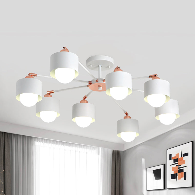 3/6/8 Lights Cylinder Semi Flush Lamp Nordic Style Metal Black/White Semi Flush Ceiling Light 8 White Clearhalo 'Ceiling Lights' 'Close To Ceiling Lights' 'Close to ceiling' 'Semi-flushmount' Lighting' 260405