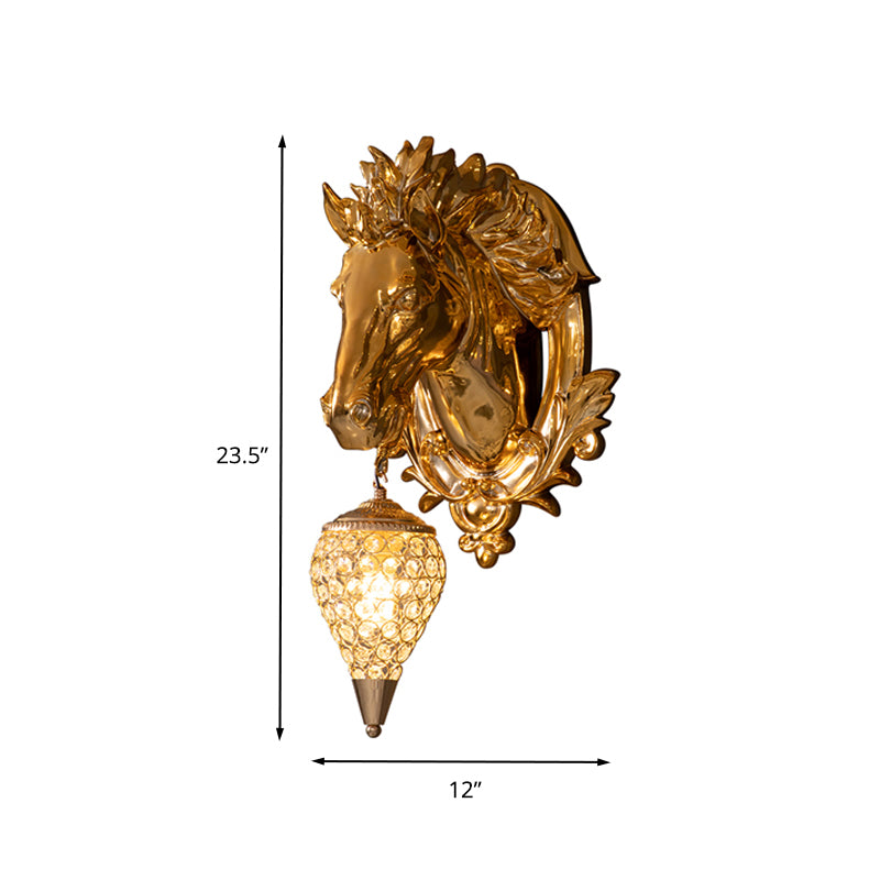 Brass Horse Sconce Light Vintage 1 Light Resin Wall Mount Light with Ice Cream Metal and Crystal Shade, 9.5"/12" Wide Clearhalo 'Wall Lamps & Sconces' 'Wall Lights' Lighting' 260415