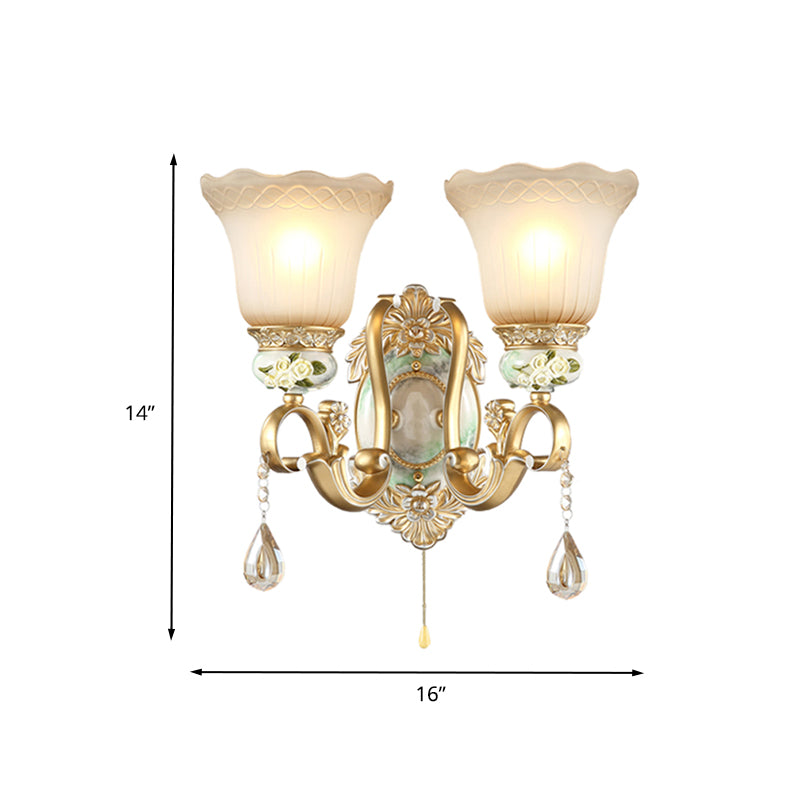 Gold Scallop Wall Light Vintage White Glass 1/2 Lights Living Room Sconce Light with Gold Arm and Backplate Clearhalo 'Wall Lamps & Sconces' 'Wall Lights' Lighting' 260501