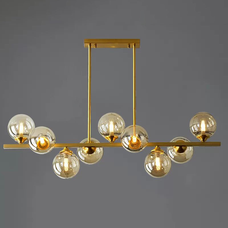 Mid-Century Modern Gold Metal Island Pendant Lighting Spherical Amber Glass Island Ceiling Light for Dining Table 9 Gold Clearhalo 'Ceiling Lights' 'Island Lights' 'Lighting' 2605087
