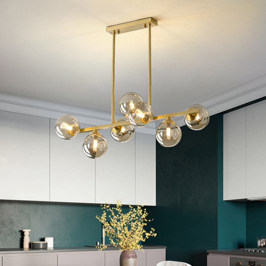 Mid-Century Modern Gold Metal Island Pendant Lighting Spherical Amber Glass Island Ceiling Light for Dining Table Clearhalo 'Ceiling Lights' 'Island Lights' 'Lighting' 2605088