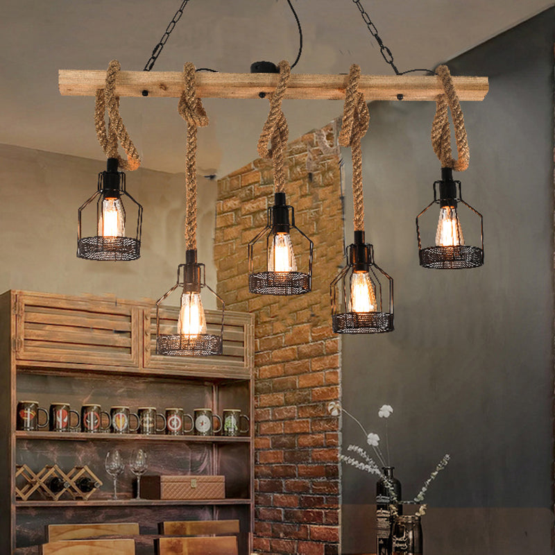 Vintage Hemp Rope Chandelier Indsutrial Retro Linear Wood Pendant with Wire Cage for Restaurant Clearhalo 'Ceiling Lights' 'Island Lights' 'Lighting' 2605137