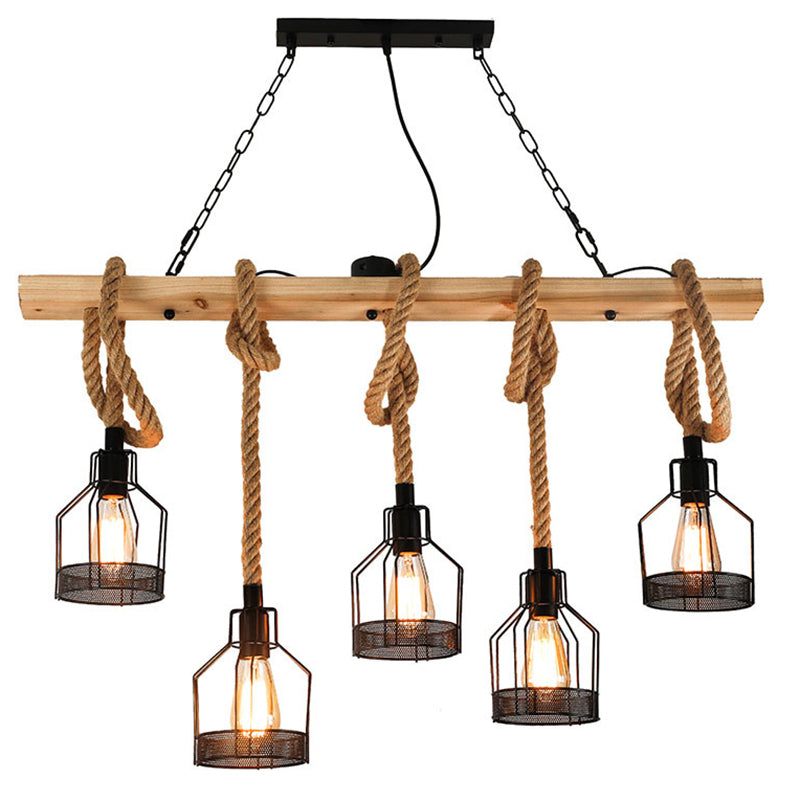 Vintage Hemp Rope Chandelier Indsutrial Retro Linear Wood Pendant with Wire Cage for Restaurant Clearhalo 'Ceiling Lights' 'Island Lights' 'Lighting' 2605140