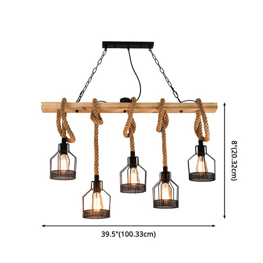Vintage Hemp Rope Chandelier Indsutrial Retro Linear Wood Pendant with Wire Cage for Restaurant Clearhalo 'Ceiling Lights' 'Island Lights' 'Lighting' 2605141
