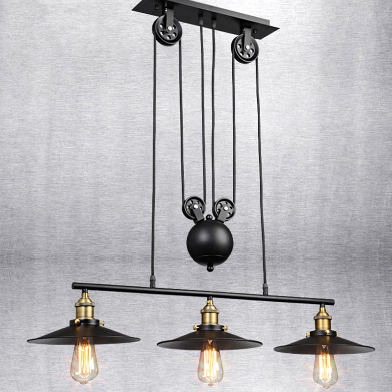 3 Lights Metal Pulley Island Pendant Lighting Industrial Black Cone Shade Island Lamps Clearhalo 'Ceiling Lights' 'Island Lights' 'Lighting' 2605145