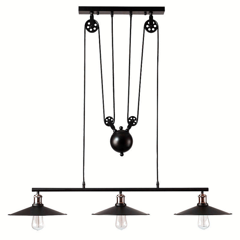 3 Lights Metal Pulley Island Pendant Lighting Industrial Black Cone Shade Island Lamps Black Clearhalo 'Ceiling Lights' 'Island Lights' 'Lighting' 2605149