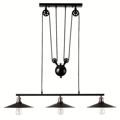 3 Lights Metal Pulley Island Pendant Lighting Industrial Black Cone Shade Island Lamps Black Clearhalo 'Ceiling Lights' 'Island Lights' 'Lighting' 2605149