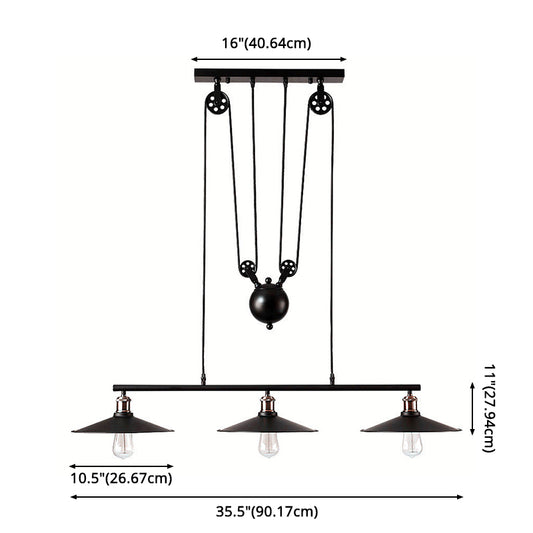3 Lights Metal Pulley Island Pendant Lighting Industrial Black Cone Shade Island Lamps Clearhalo 'Ceiling Lights' 'Island Lights' 'Lighting' 2605150