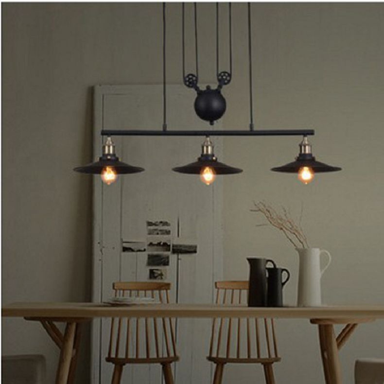 3 Lights Metal Pulley Island Pendant Lighting Industrial Black Cone Shade Island Lamps Clearhalo 'Ceiling Lights' 'Island Lights' 'Lighting' 2605152
