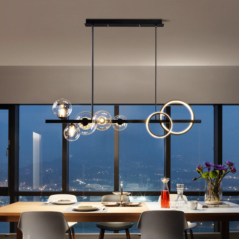 5 Light Modern Black Metal Island Pendant Lighting Spherical Glass Island Ceiling Light for Dining Table Clearhalo 'Ceiling Lights' 'Island Lights' 'Lighting' 2605178