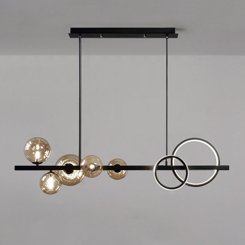 5 Light Modern Black Metal Island Pendant Lighting Spherical Glass Island Ceiling Light for Dining Table Cognac Clearhalo 'Ceiling Lights' 'Island Lights' 'Lighting' 2605184