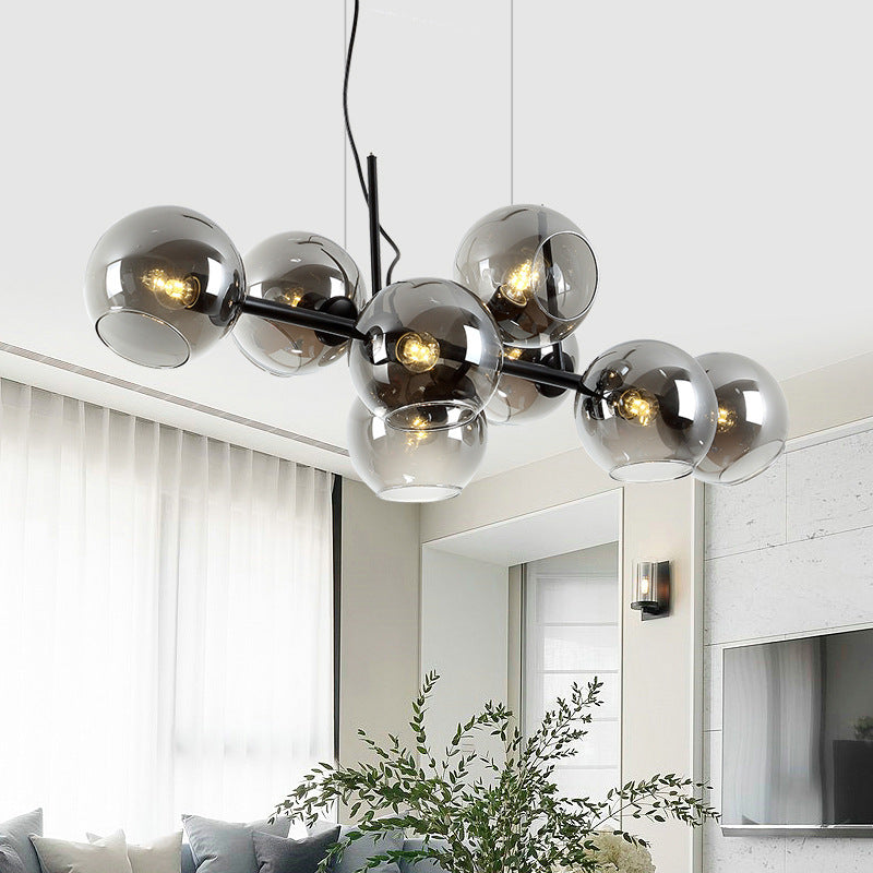 8 Light Mid-Century Gold Metal Island Pendant Lighting Spherical Glass Island Ceiling Light for Dining Table Clearhalo 'Ceiling Lights' 'Island Lights' 'Lighting' 2605251