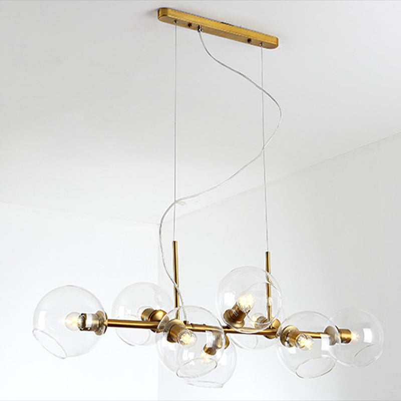 8 Light Mid-Century Gold Metal Island Pendant Lighting Spherical Glass Island Ceiling Light for Dining Table Clearhalo 'Ceiling Lights' 'Island Lights' 'Lighting' 2605253