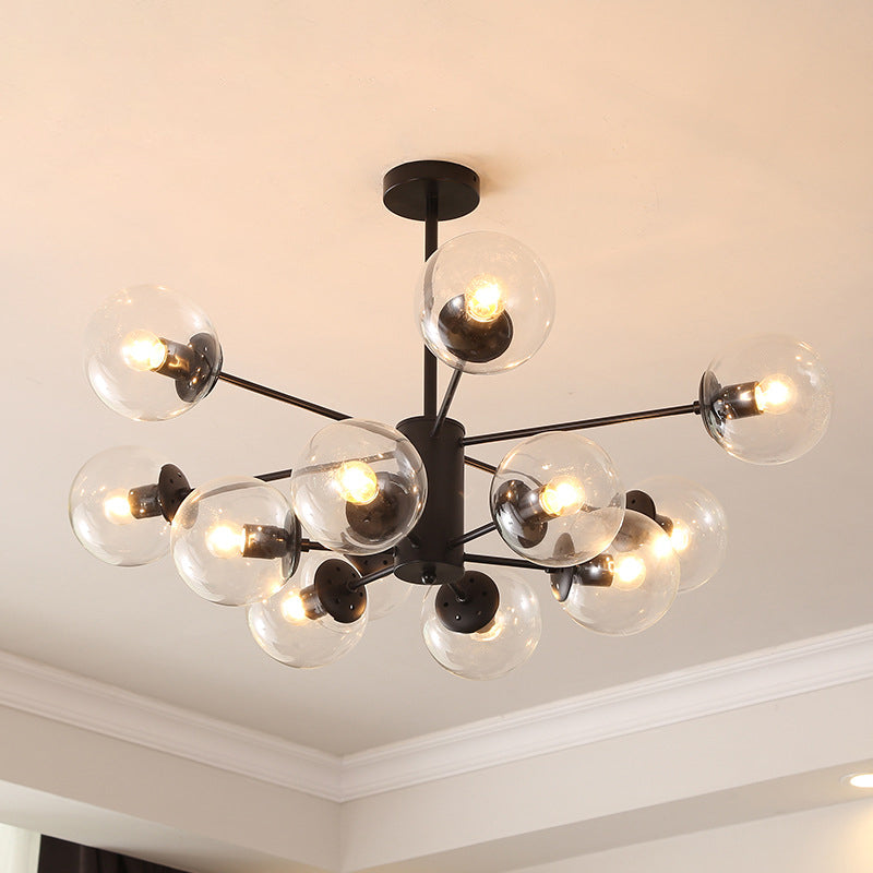 Modern Metal Hanging Chandelier Light Spherical Glass Shade Suspension Light in Black for Bedroom 12 Black Clear Clearhalo 'Ceiling Lights' 'Chandeliers' Lighting' 2605333