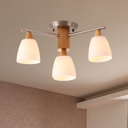 4 Lights Tapered Semi Flush Light Modern White Glass Semi Flush Mount Light in Wood Clearhalo 'Ceiling Lights' 'Chandeliers' 'Close To Ceiling Lights' 'Close to ceiling' 'Glass shade' 'Glass' 'Semi-flushmount' Lighting' 260723