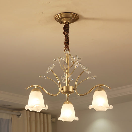 Antique Scalloped Chandelier 3/6/8-Light Ruffle Glass Pendant Light Fixture in Gold with Crystal Accent 3 Gold Clearhalo 'Ceiling Lights' 'Chandeliers' 'Glass shade' 'Glass' 'Pendant Lights' Lighting' 260757