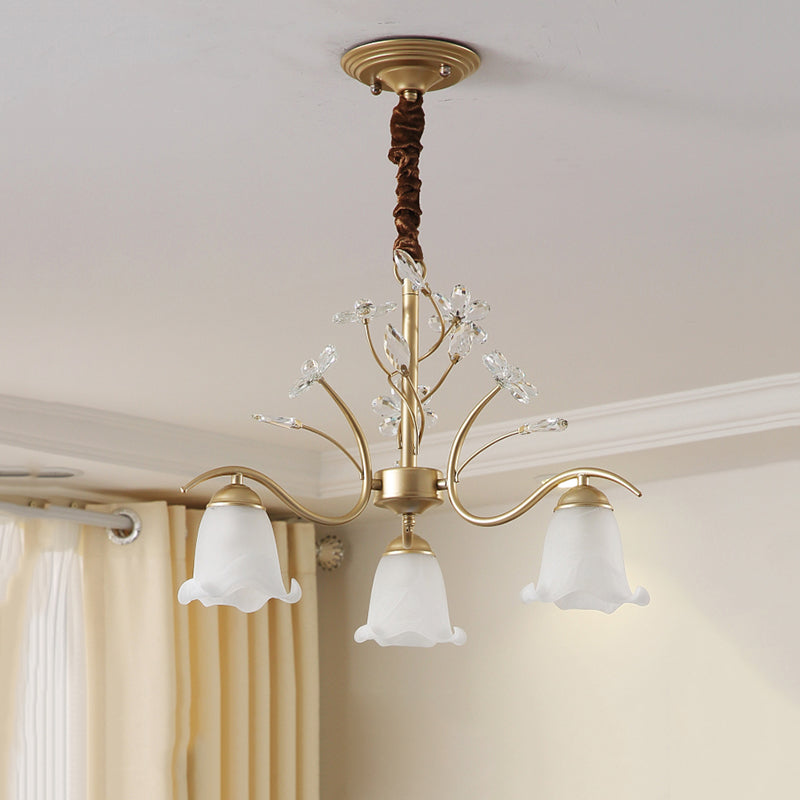 Antique Scalloped Chandelier 3/6/8-Light Ruffle Glass Pendant Light Fixture in Gold with Crystal Accent Clearhalo 'Ceiling Lights' 'Chandeliers' 'Glass shade' 'Glass' 'Pendant Lights' Lighting' 260759
