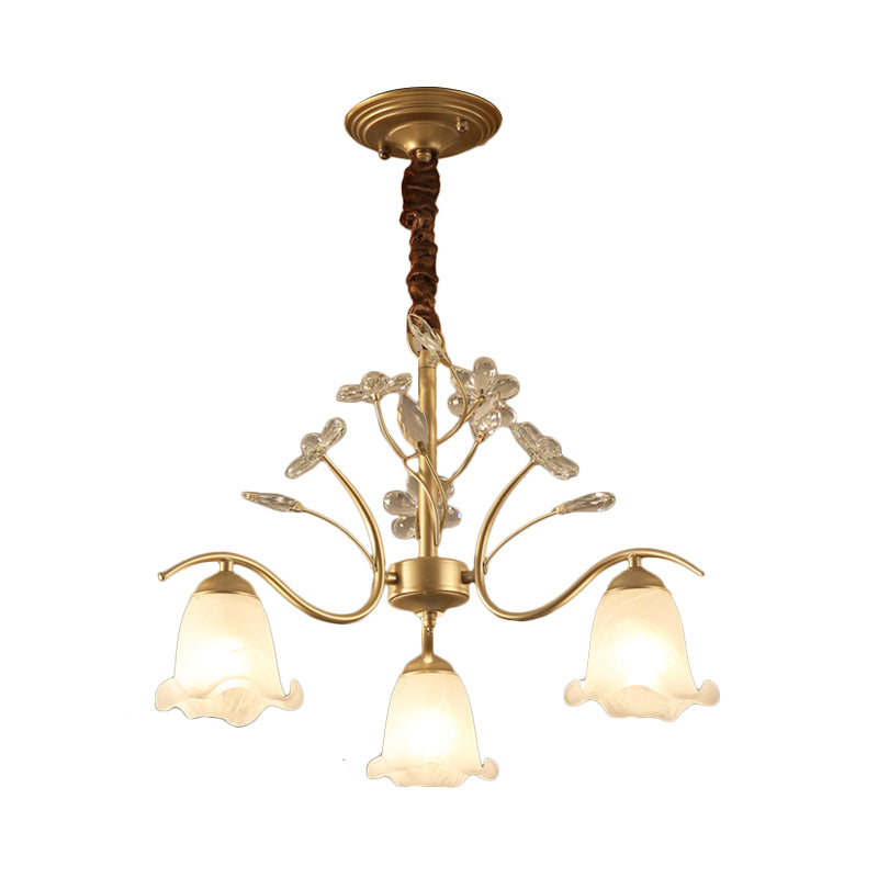 Antique Scalloped Chandelier 3/6/8-Light Ruffle Glass Pendant Light Fixture in Gold with Crystal Accent Clearhalo 'Ceiling Lights' 'Chandeliers' 'Glass shade' 'Glass' 'Pendant Lights' Lighting' 260760