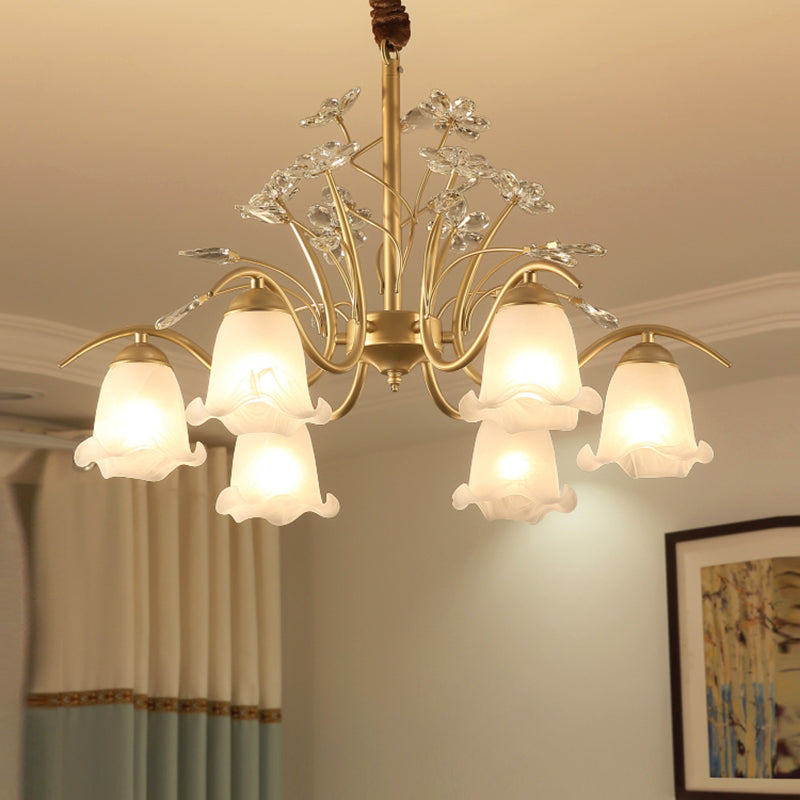 Antique Scalloped Chandelier 3/6/8-Light Ruffle Glass Pendant Light Fixture in Gold with Crystal Accent 6 Gold Clearhalo 'Ceiling Lights' 'Chandeliers' 'Glass shade' 'Glass' 'Pendant Lights' Lighting' 260763