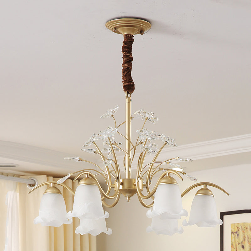 Antique Scalloped Chandelier 3/6/8-Light Ruffle Glass Pendant Light Fixture in Gold with Crystal Accent Clearhalo 'Ceiling Lights' 'Chandeliers' 'Glass shade' 'Glass' 'Pendant Lights' Lighting' 260765