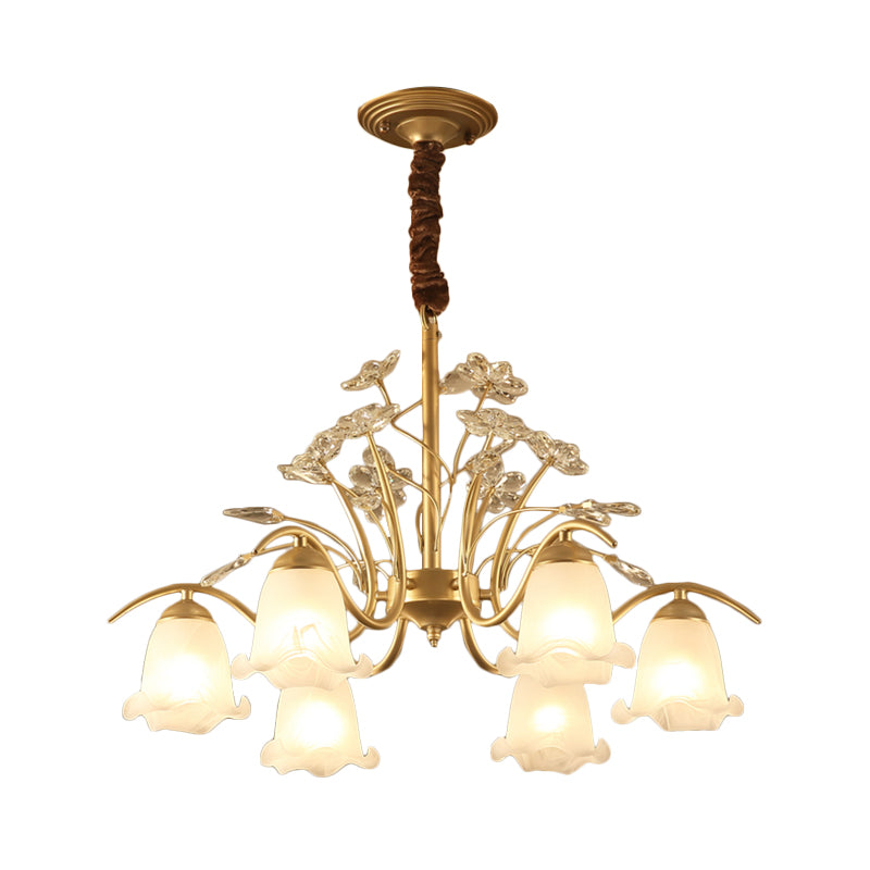 Antique Scalloped Chandelier 3/6/8-Light Ruffle Glass Pendant Light Fixture in Gold with Crystal Accent Clearhalo 'Ceiling Lights' 'Chandeliers' 'Glass shade' 'Glass' 'Pendant Lights' Lighting' 260766
