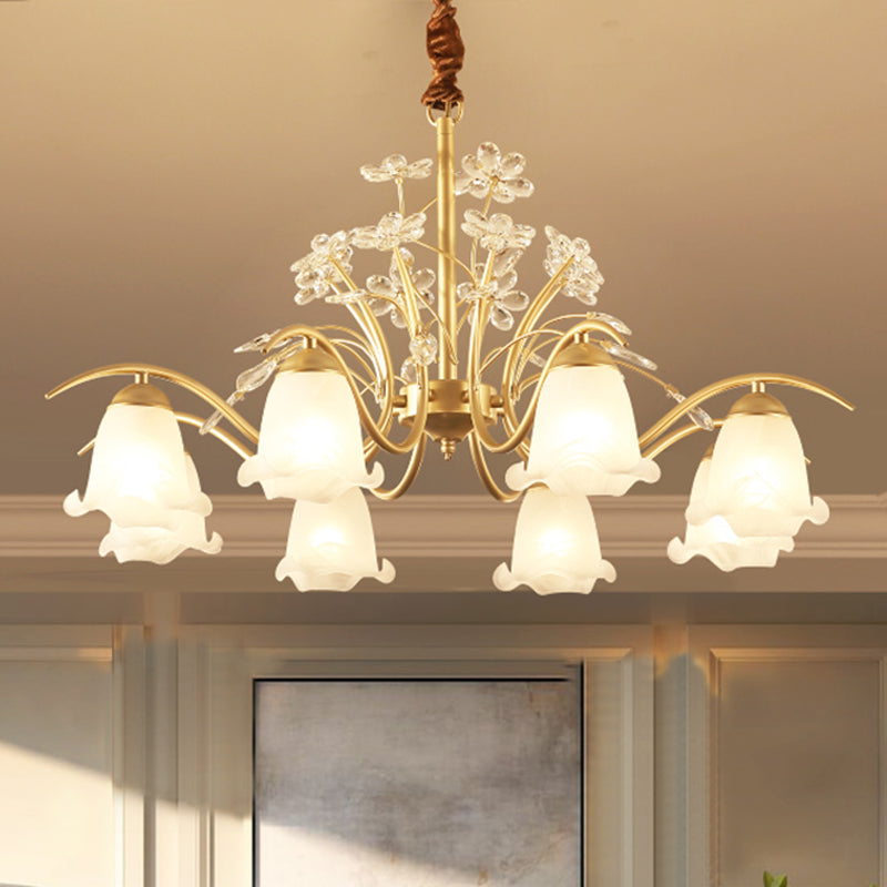 Antique Scalloped Chandelier 3/6/8-Light Ruffle Glass Pendant Light Fixture in Gold with Crystal Accent 8 Gold Clearhalo 'Ceiling Lights' 'Chandeliers' 'Glass shade' 'Glass' 'Pendant Lights' Lighting' 260768