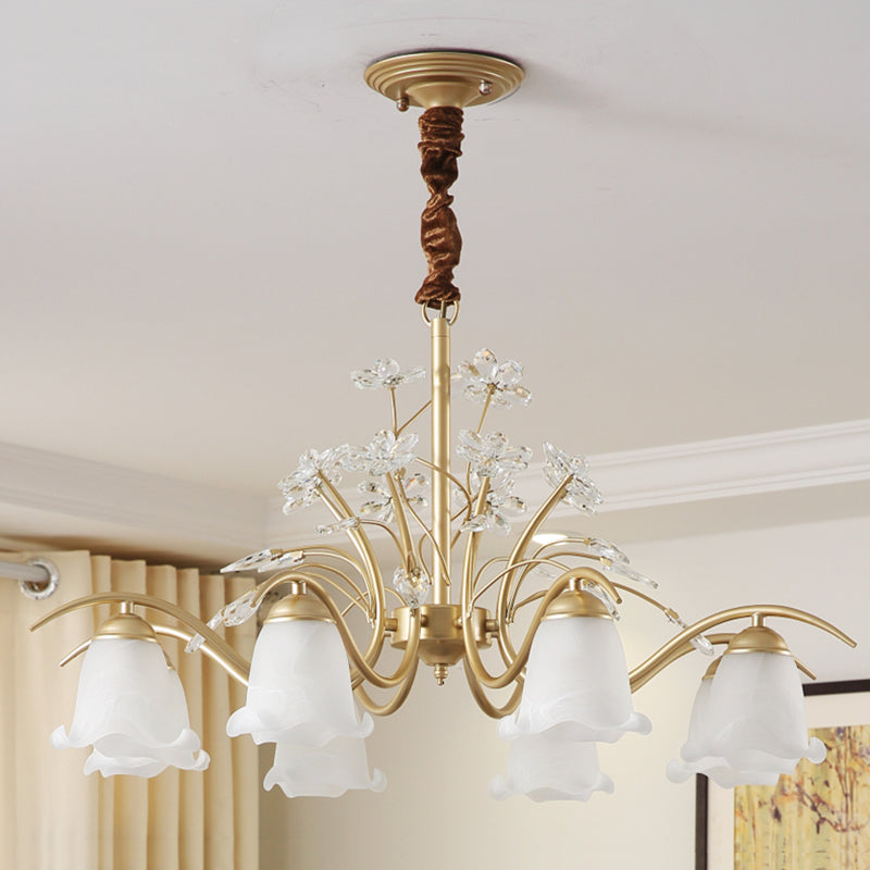 Antique Scalloped Chandelier 3/6/8-Light Ruffle Glass Pendant Light Fixture in Gold with Crystal Accent Clearhalo 'Ceiling Lights' 'Chandeliers' 'Glass shade' 'Glass' 'Pendant Lights' Lighting' 260769