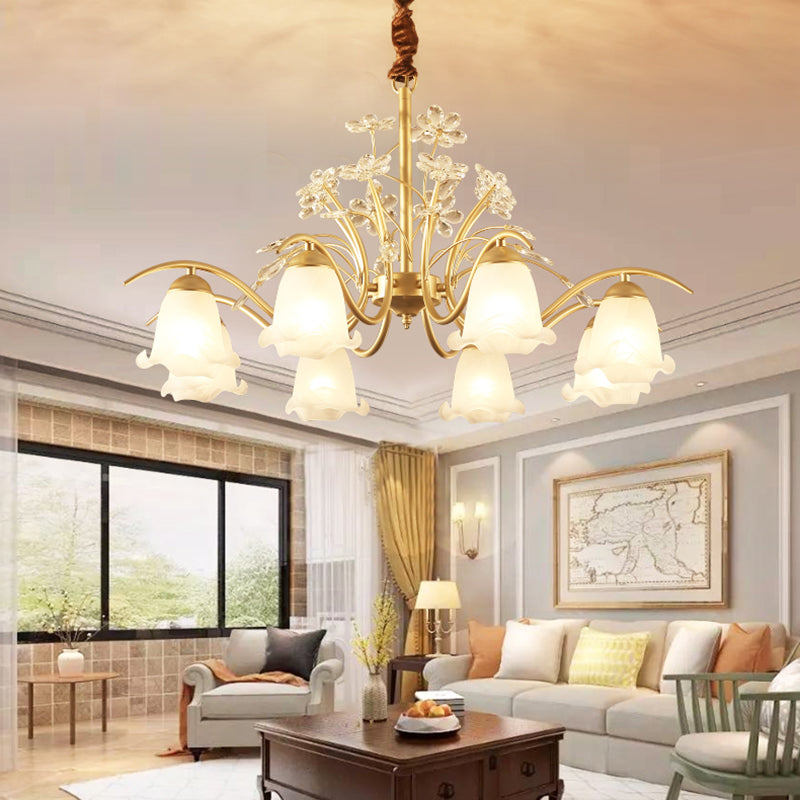 Antique Scalloped Chandelier 3/6/8-Light Ruffle Glass Pendant Light Fixture in Gold with Crystal Accent Clearhalo 'Ceiling Lights' 'Chandeliers' 'Glass shade' 'Glass' 'Pendant Lights' Lighting' 260770
