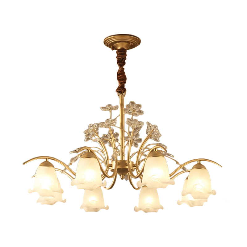 Antique Scalloped Chandelier 3/6/8-Light Ruffle Glass Pendant Light Fixture in Gold with Crystal Accent Clearhalo 'Ceiling Lights' 'Chandeliers' 'Glass shade' 'Glass' 'Pendant Lights' Lighting' 260771
