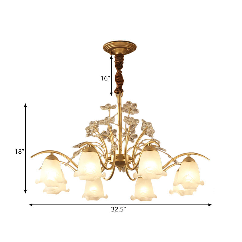 Antique Scalloped Chandelier 3/6/8-Light Ruffle Glass Pendant Light Fixture in Gold with Crystal Accent Clearhalo 'Ceiling Lights' 'Chandeliers' 'Glass shade' 'Glass' 'Pendant Lights' Lighting' 260772